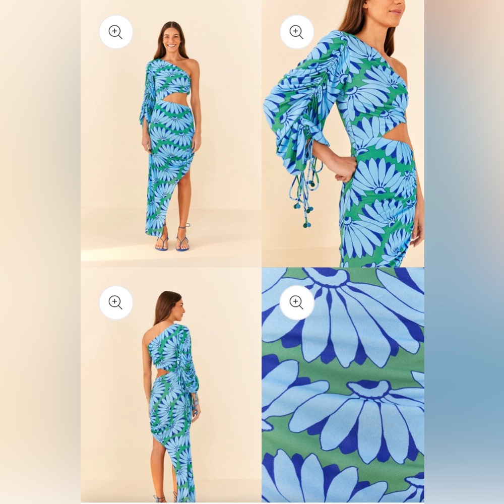 FARM Rio Blue and Green One-Shoulder Cutout Midi Dress